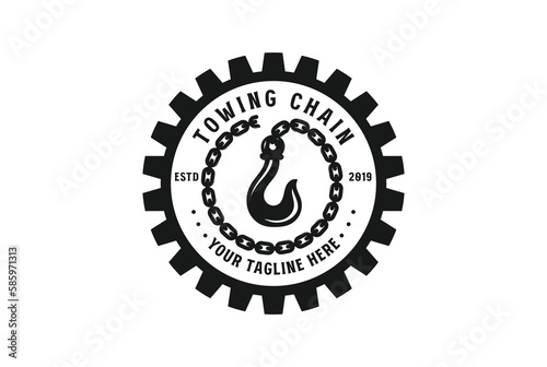 Vintage Heavy Gear with Chain Towing Crane Hook for Construction Industry Machine or Car Service Logo Design