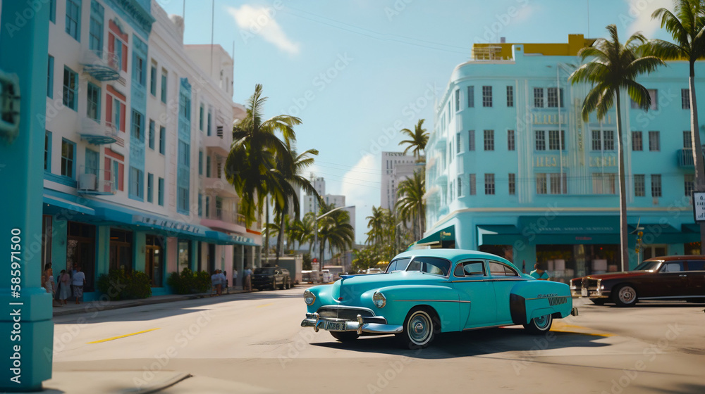 Buildings in Miami Beach, Florida, art deco area with a vintage car. Generative AI
