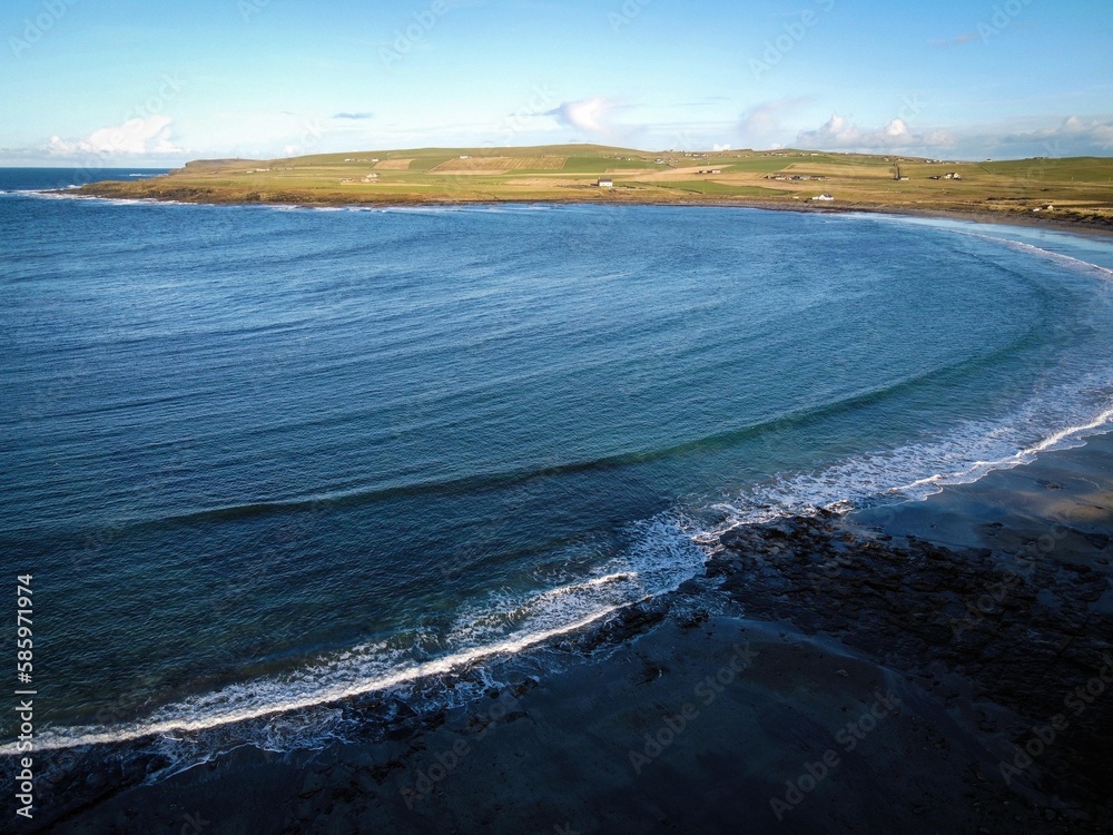 Aerial view of North Sea coast of Shetland Islands, Scotland