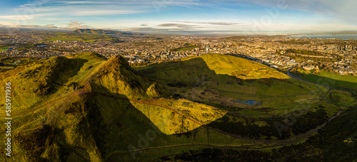 Aerial view of Arthurs seat with the Old city of Edinburgh on the background