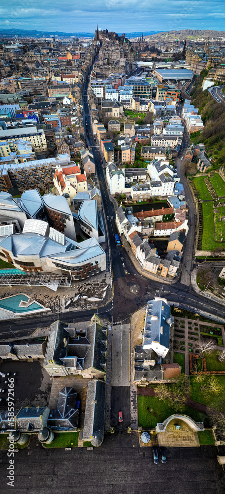 Fototapeta premium Aerial view of Scottish Parliament in Edinburgh, located on the Royal Mile in the Canongate