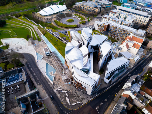 Aerial view of Scottish Parliament in Edinburgh, located on the Royal Mile in the Canongate photo