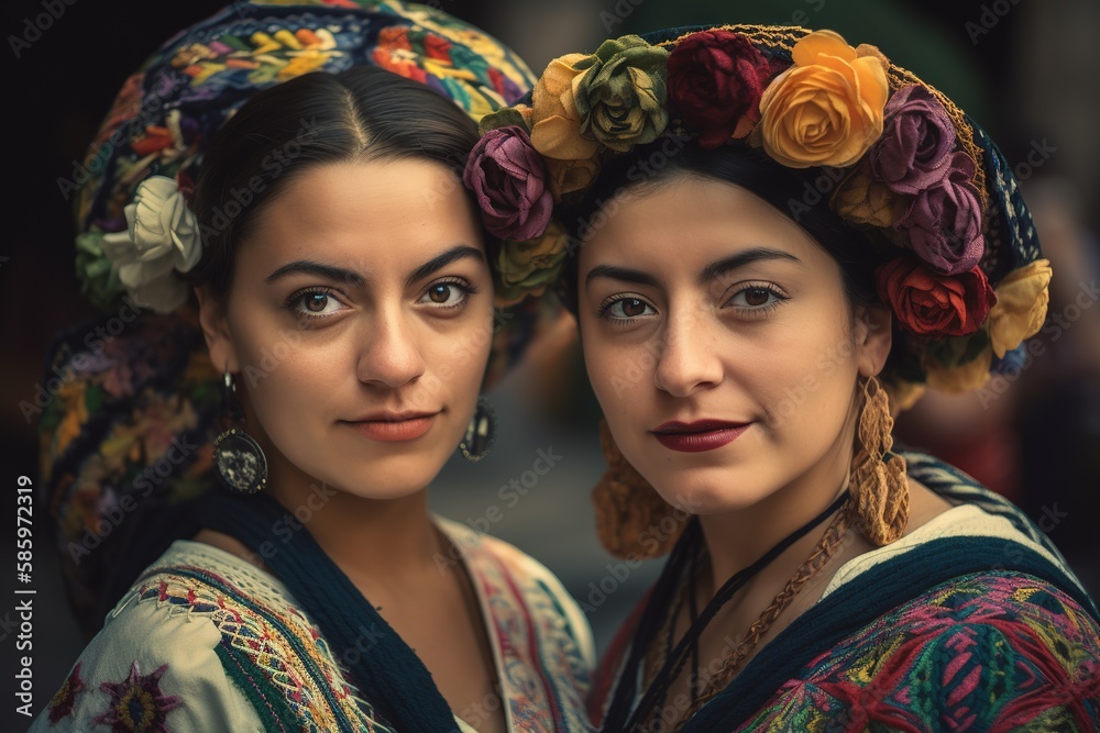 Two young folkloric dancers from Mexico. Mexican culture concept. Portrait looking at camera. Generative AI Two young folkloric dancers from Mexico. Mexican culture concept. Portrait looking at camera. Generative AI