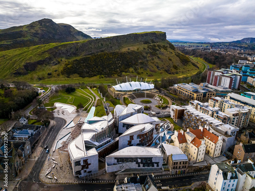 Aerial view of Royal mile end and Arthurs seat in Edinburgh