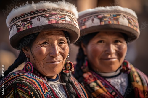 Two Indigenous Andean women portrait wearing their traditional clothes. Generative AI