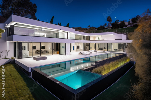 Villa in Beverly Hills, California. Holiday Rentals Los Angeles, luxyry villa with swimming pool in Beverly Hills. Modern apartment buildings, Facade exterior design. Ai generative illustration.