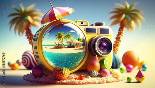concept of travelling postcard with big camera