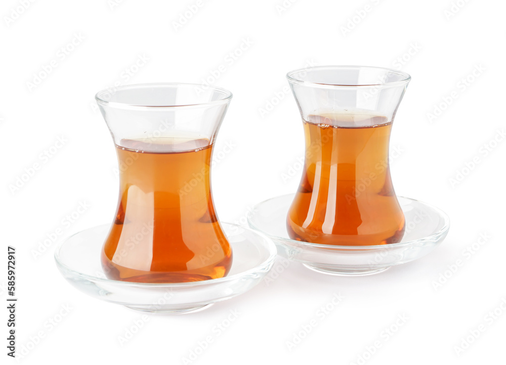 Glass cups of Turkish tea on white background Glass cups of Turkish tea on white background