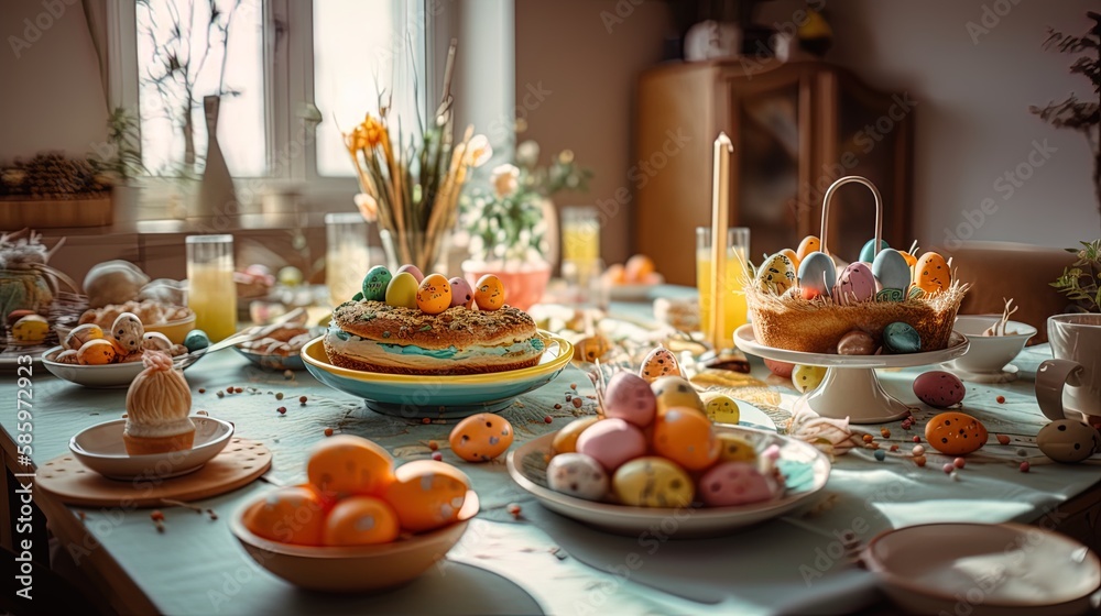 Charming Easter eggs in a basket, featuring a delightful array of colors and patterns, perfect for celebrating the season. An ortodox table a full of Easter food, eggs and saint bread.