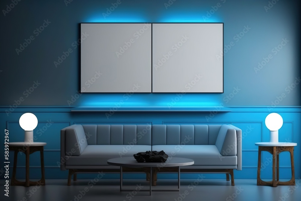 Mockup von einem symmetrischen Raum mit zwei quadratischen Bildern oder einem horizontalen Poster. Wandbild Mock up mit blauer LED Beleuchtung im Wohnzimmer mit Couch. Generativ KI Mockup von einem symmetrischen Raum mit zwei quadratischen Bildern oder einem horizontalen Poster. Wandbild Mock up mit blauer LED Beleuchtung im Wohnzimmer mit Couch. Generativ KI