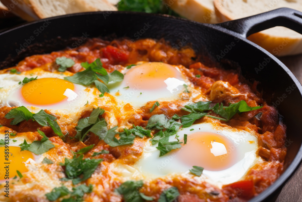 Close-Up of Shakshuka Sizzling in a Skillet with Crusty Bread on the Side, generative ai