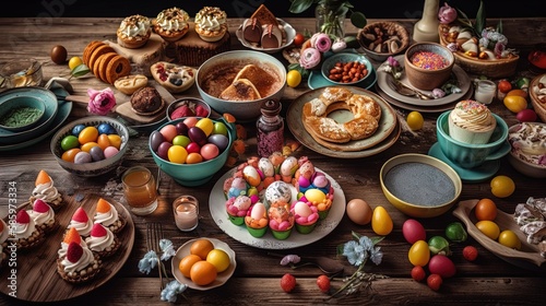 Charming Easter eggs in a basket, featuring a delightful array of colors and patterns, perfect for celebrating the season. An ortodox table a full of Easter food, eggs and saint bread.
