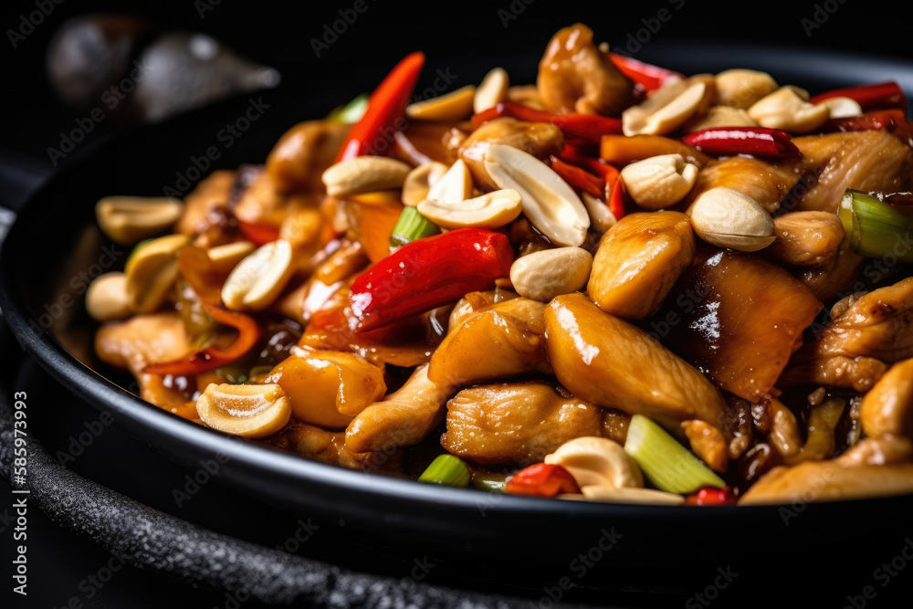 Close-Up of Kung Pao Chicken with Red Peppers and Roasted Peanuts, generative ai Close-Up of Kung Pao Chicken with Red Peppers and Roasted Peanuts, generative ai