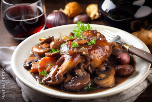 Close-up of mouth-watering Coq au Vin, a classic French dish with tender chicken cooked in red wine, mushrooms, and bacon, generative ai
