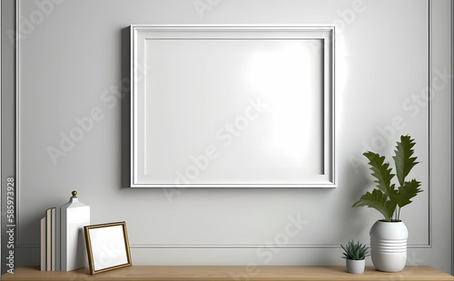 Blank picture frame mockup on white wall. White living room design. View of modern scandinavian style interior with chair. Home staging and minimalism concept