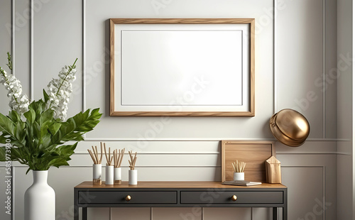 Blank wooden picture frame mockup on wall in modern interior. Horizontal artwork template mock up for artwork, painting, photo or poster in interior design