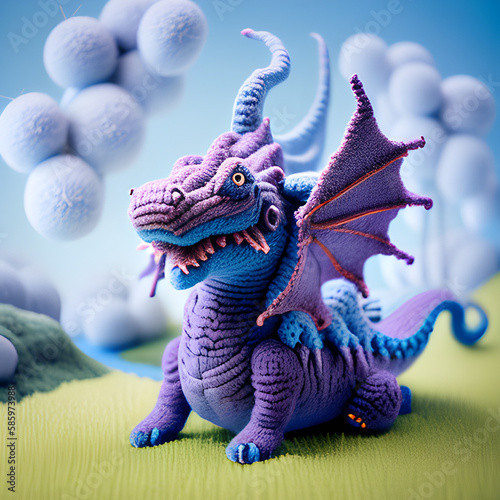 Incredible knitted dragon on a green hill and blue sky. Ideas for knitting. generative AI