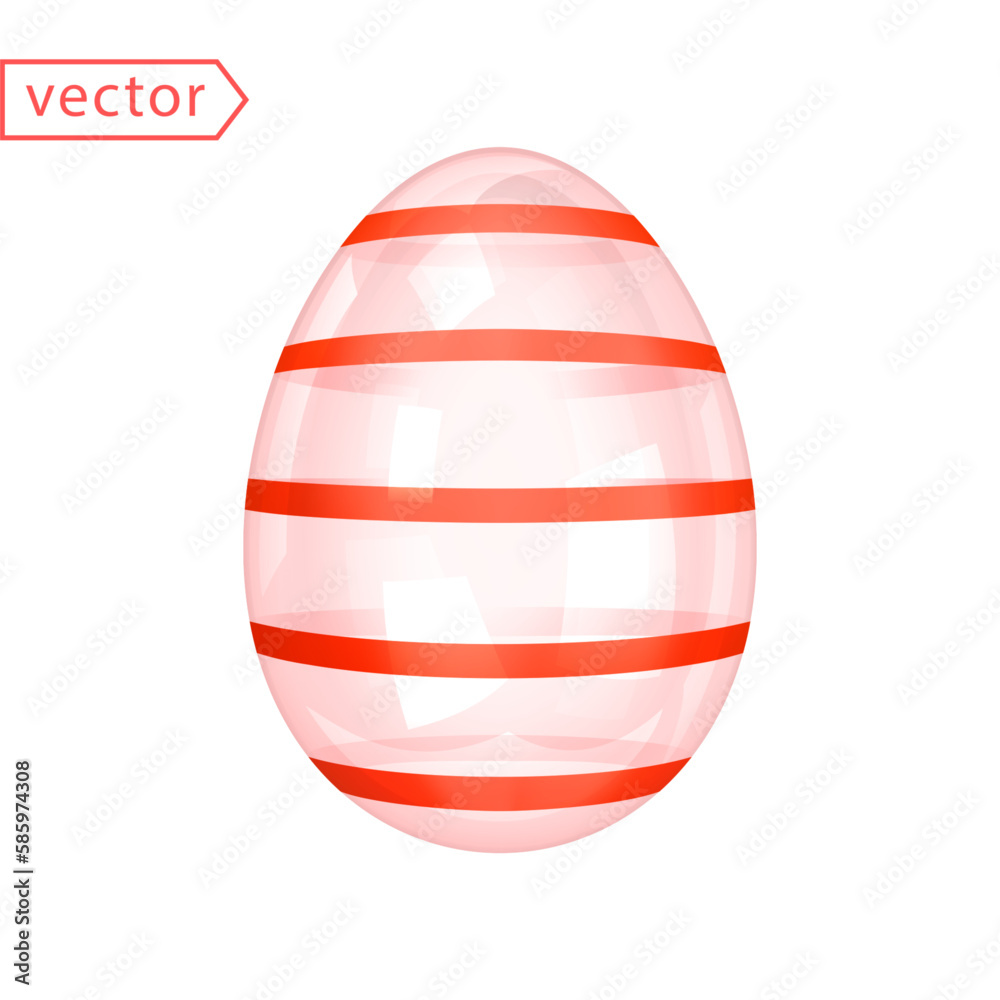 Glass Shiny Easter Egg with Red Stripes. Beautiful Easter Gift. Image of transparent glossy crystal-red egg isolated on white background. 3d decoration for easter design. 3D vector illustration