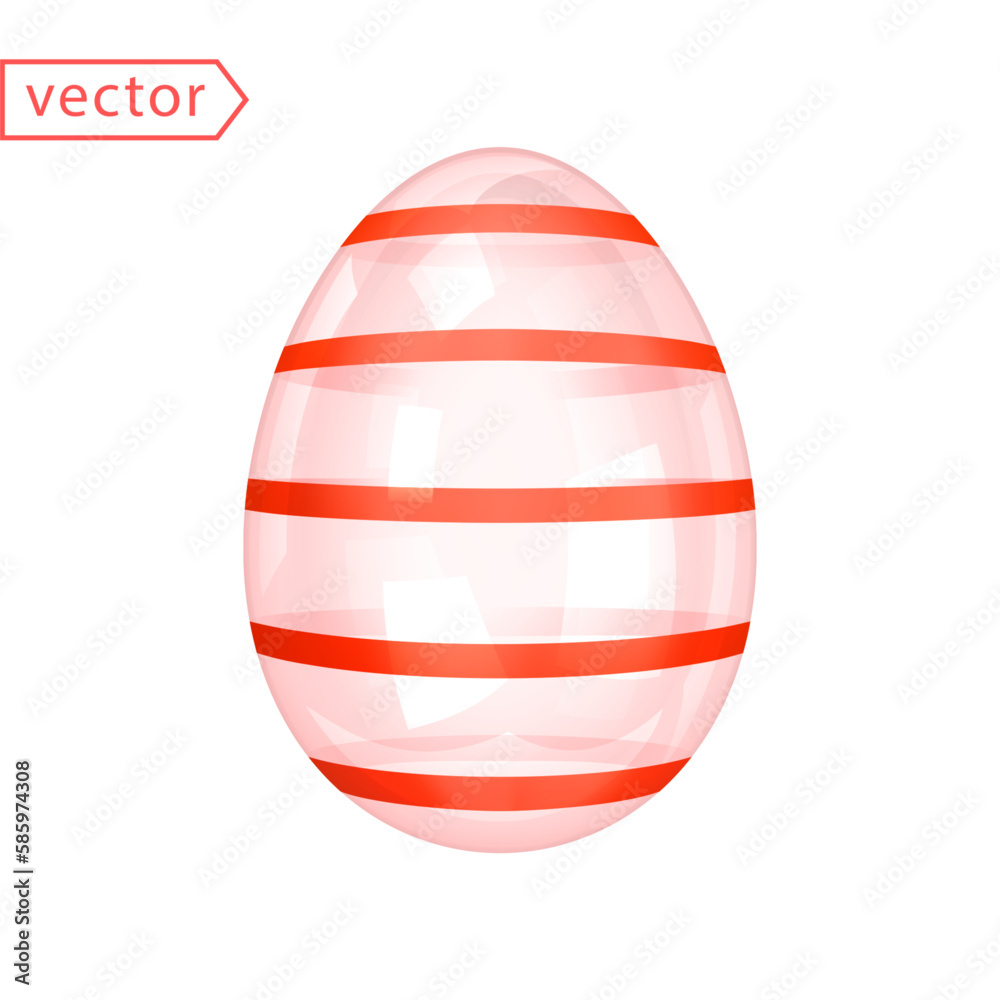 Glass Shiny Easter Egg with Red Stripes. Beautiful Easter Gift. Image of transparent glossy crystal-red egg isolated on white background. 3d decoration for easter design. 3D vector illustration Glass Shiny Easter Egg with Red Stripes. Beautiful Easter Gift. Image of transparent glossy crystal-red egg isolated on white background. 3d decoration for easter design. 3D vector illustration