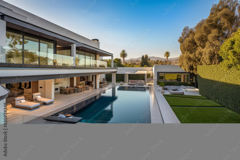 Fototapeta premium Villa in Beverly Hills, California. Holiday Rentals Los Angeles, luxyry villa with swimming pool in Beverly Hills. Modern apartment buildings, Facade exterior design. Ai generative illustration.