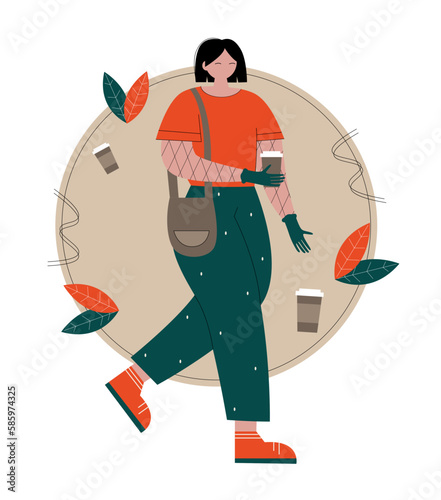 Flat vector illustration of a girl walking with a glass of coffee in fall colors