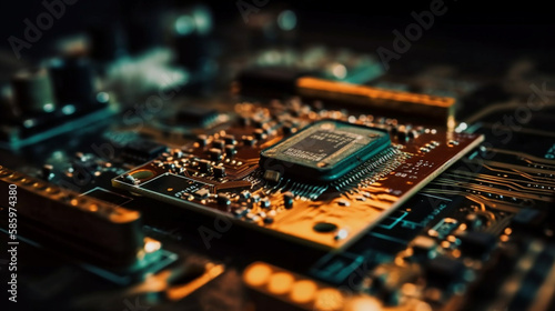 Computer Microchips and Processors on Electronic circuit board. Abstract technology microelectronics concept background. Macro shot, shallow focus Generative AI
