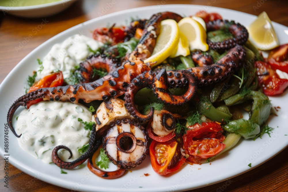 Close-up of grilled octopus tentacle, topped with a generous serving of tangy tzatziki sauce, surrounded by colorful roasted peppers and tomatoes, generative ai