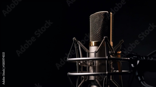 professional sound recording microphone on black background. banner with copy space Generative AI