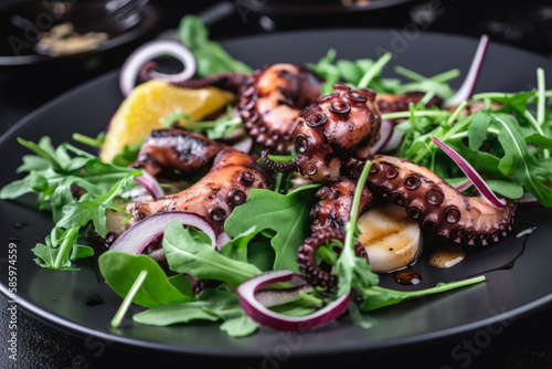 Close-up of Grilled Octopus Slices with Purple Potato and Arugula Salad and Balsamic Glaze, generative ai