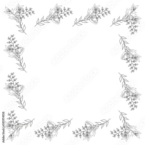Template frame of spring flowers line art on a white background. Square. Floral design for wedding invitation, banner, poster.