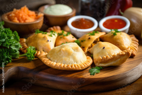 Close-up of freshly baked empanadas on a wooden board with steam rising from the filling and a side dish of tangy dipping sauce, generative ai