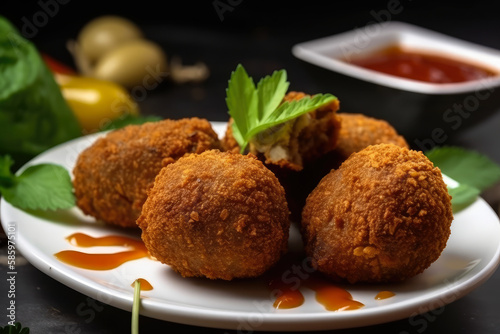 Close-up of falafel balls freshly fried and drizzled with a sweet and spicy harissa sauce on a white plate, generative ai