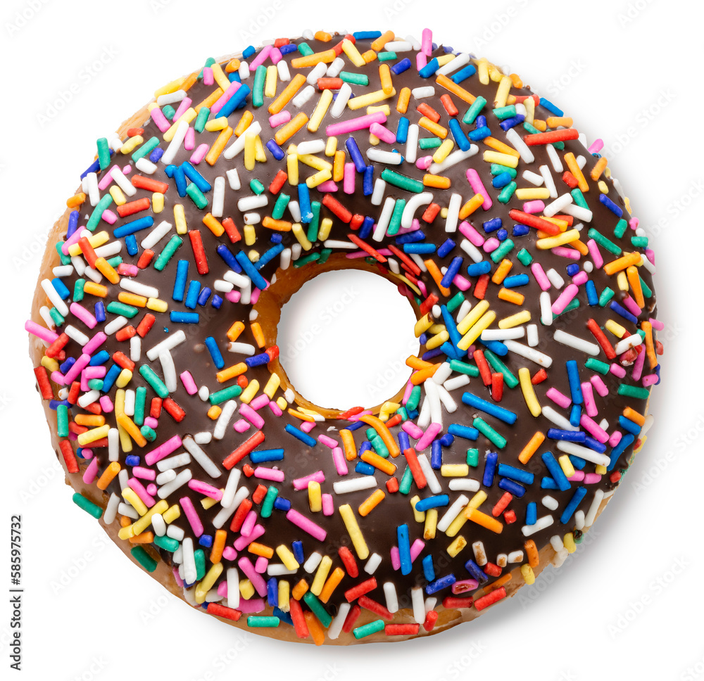 Sweet chocolate iced donuts with sprinkles on white background