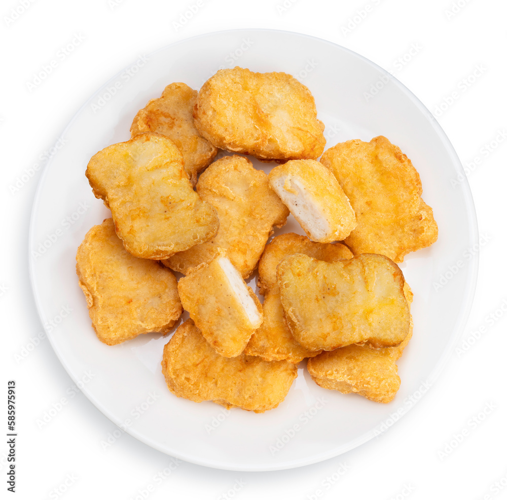 Fried chicken nugget on white plate isolated on white background, Fried nugget on white With clipping path. Fried chicken nugget on white plate isolated on white background, Fried nugget on white With clipping path.