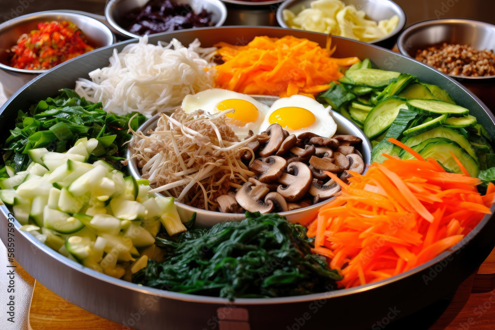 Close-up of Bibimbap ingredients arranged beautifully in a wooden bowl, waiting to be mixed for an explosion of flavors, generative ai Close-up of Bibimbap ingredients arranged beautifully in a wooden bowl, waiting to be mixed for an explosion of flavors, generative ai