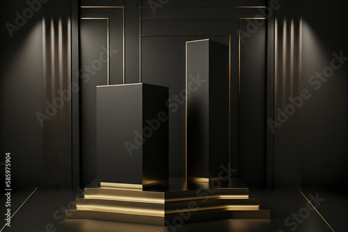Interior of black room with gold and black podium (AI Generated) © Warm Right