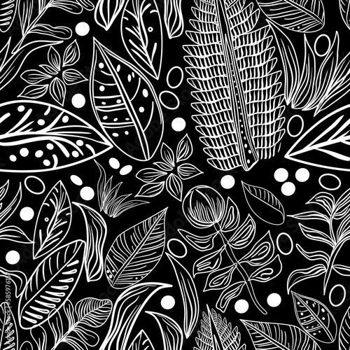 Seamless botanical pattern with tropical leaves in doodle technique vector illustration 