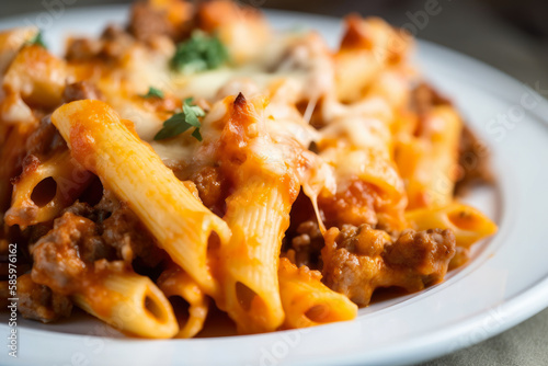 Close-up of Baked Ziti with Spicy Italian Sausage and Tomato Sauce, generative ai