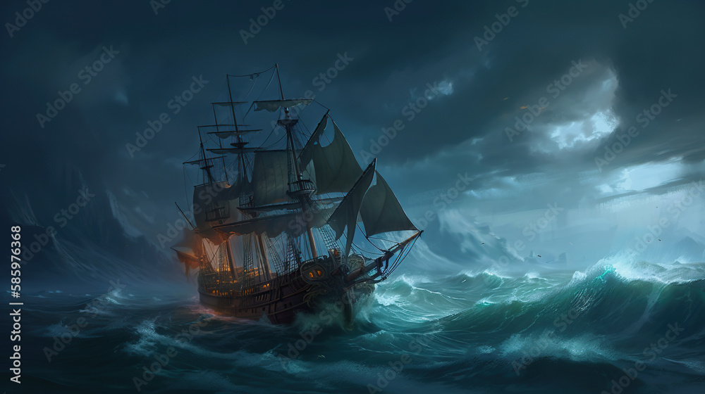 a boat sailing on strong waves during a night storm. a boat sailing on strong waves during a night storm.