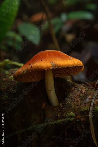 inedible small mushroom grows in the forest on forest litter, generative AI