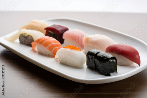 Close-up of a sushi nigiri platter with an assortment of fresh, raw fish and perfectly formed rice balls, served on a minimalist white plate, generative ai