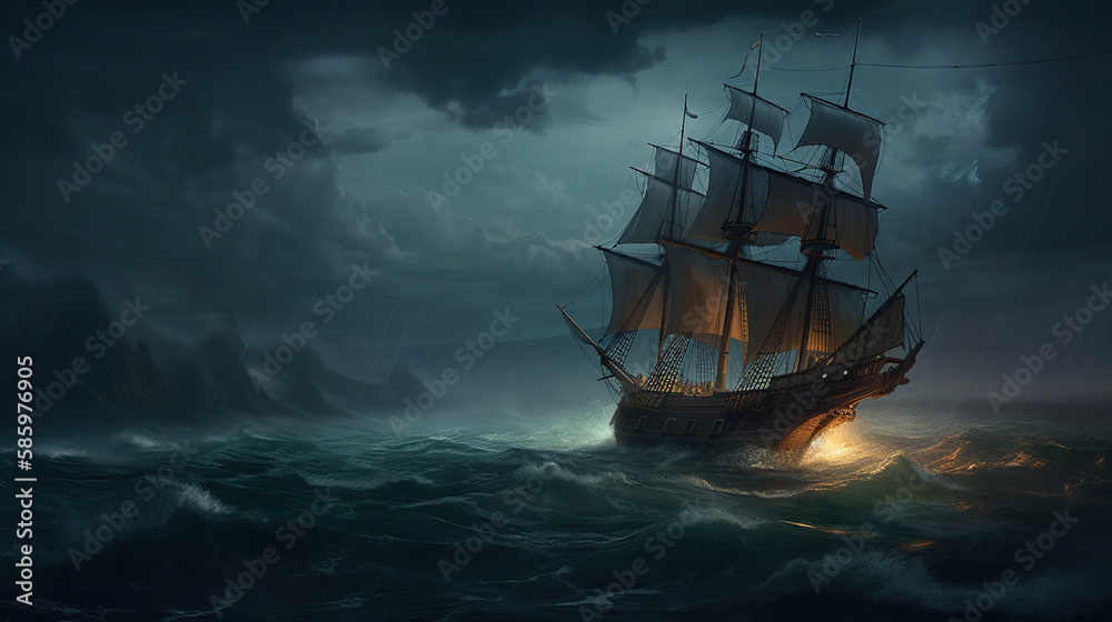 a boat sailing on strong waves during a night storm.