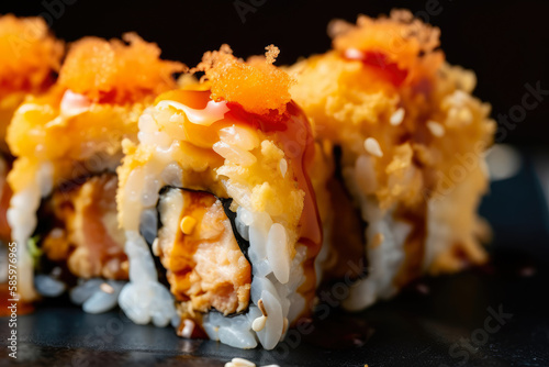 close-up of a spicy tuna roll with tempura flakes and eel sauce drizzled on top, generative ai