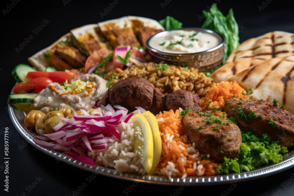 Close-up of a shawarma platter with a variety of delicious sides, including rice, hummus, tabbouleh, and falafel, perfect for sharing with friends and family, generative ai