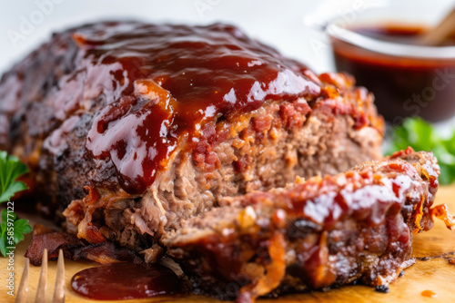 Close-up of a slice of homemade meatloaf with a crispy bacon wrapping and a drizzle of tangy BBQ sauce, generative ai