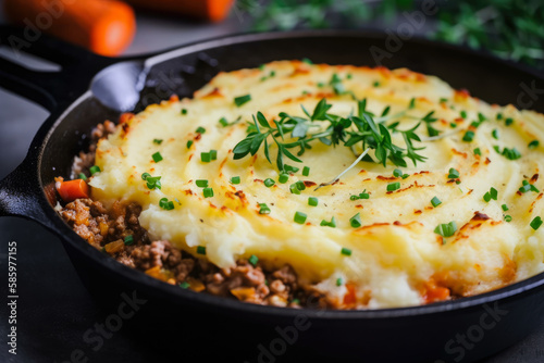 Close-up of a skillet filled with bubbling hot Shepherd's Pie, with a layer of mashed potatoes on top and a sprinkle of paprika and fresh herbs, generative ai