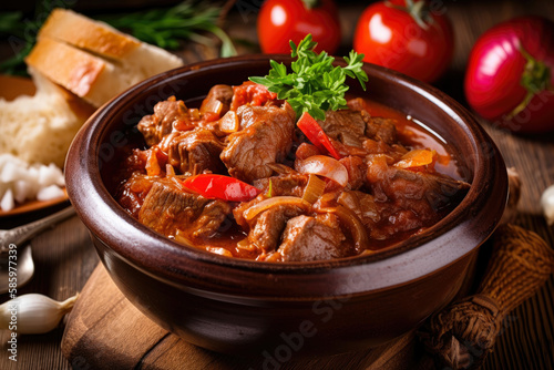 close-up of a rich and hearty goulash with tender chunks of beef, onions, and tomatoes, served in a rustic bowl, generative ai