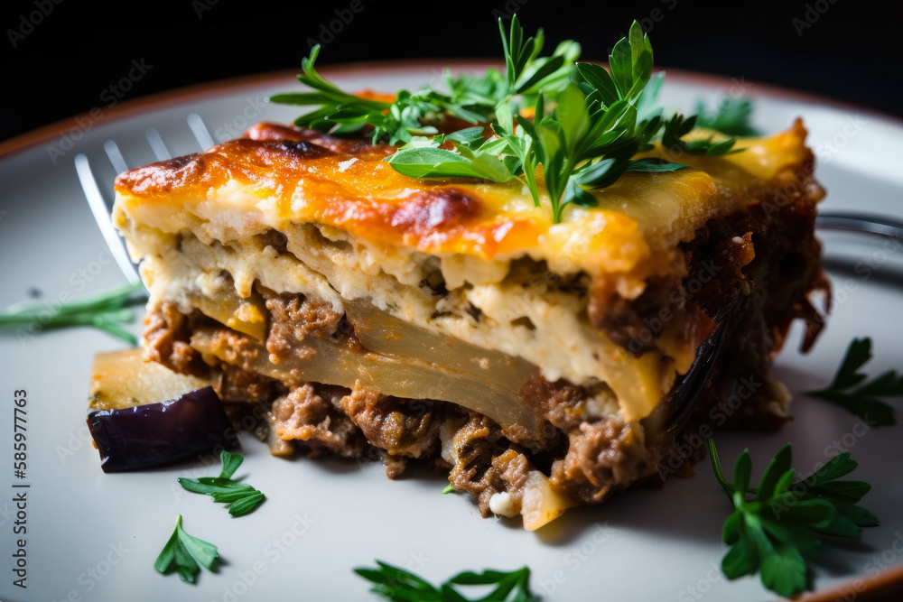 close-up of a moussaka slice with a crispy golden-brown top, revealing the tender layers of eggplant, beef, and potatoes, and garnished with fresh herbs, generative ai