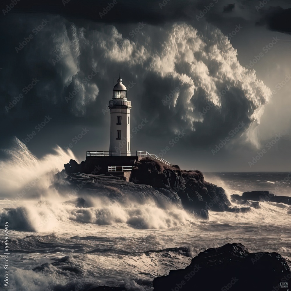 lighthouse on an islet in a stormy weather, generative ai