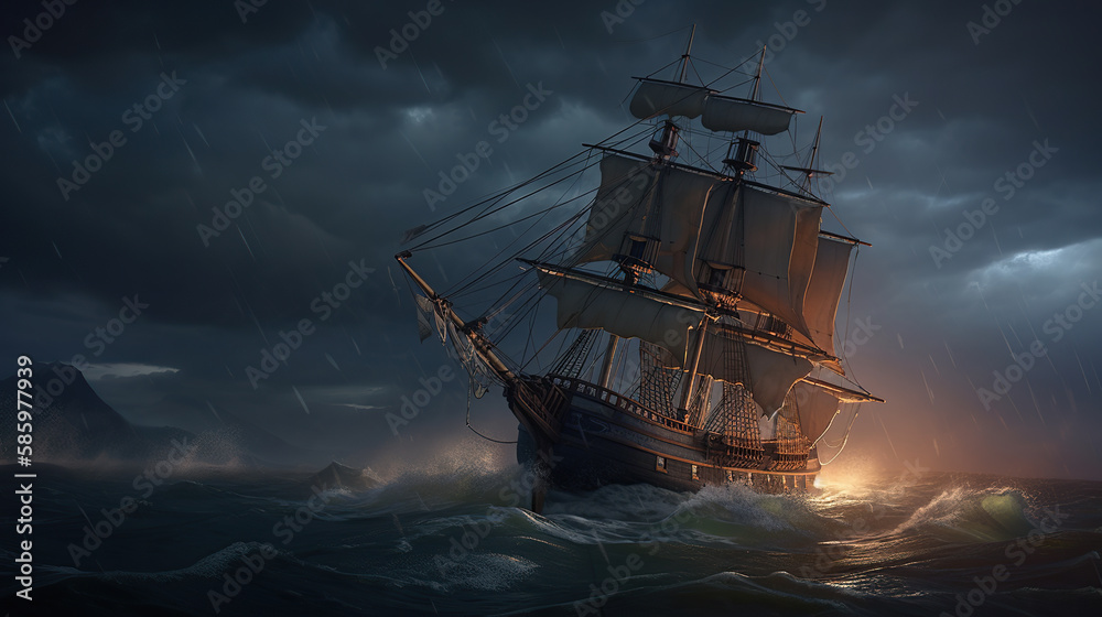 Fototapeta premium a boat sailing on strong waves during a night storm.